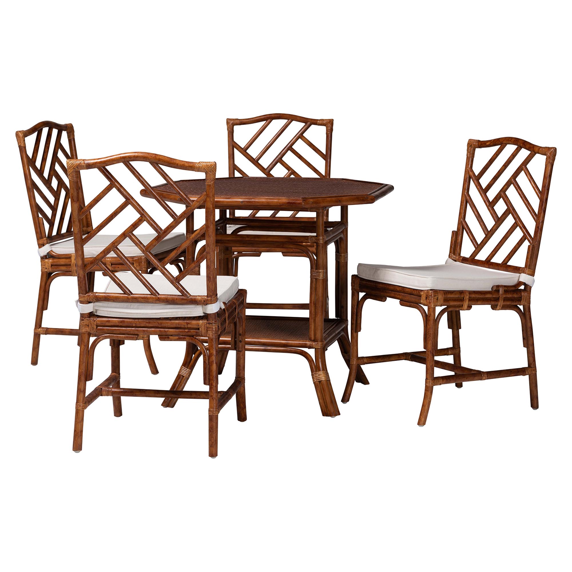 bali & pari Simon Marbled Tortoise Natural Rattan 5-Piece Dining Set - Handwoven Wicker Dining Table with Octagonal Top and 4 Matching Chairs Set